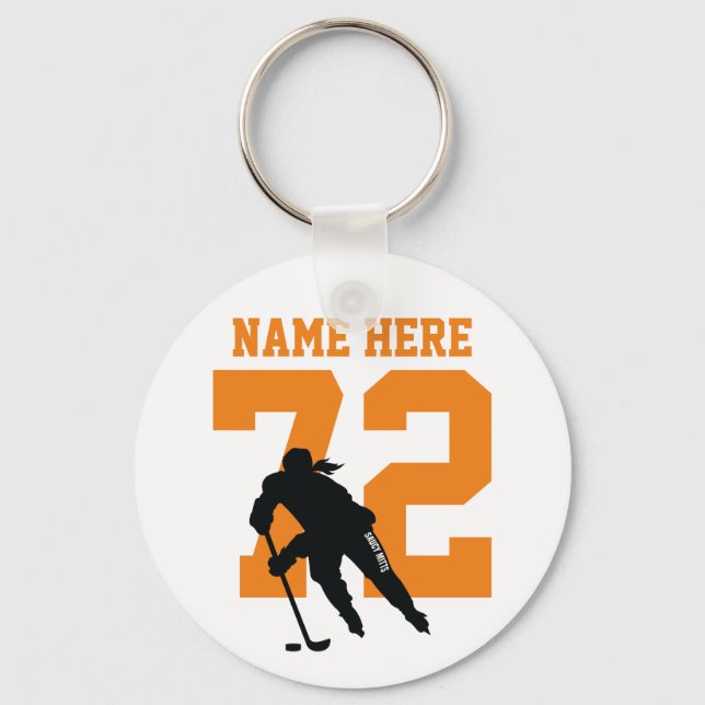 Porte-clés Filles personnalisées Hockey Nom Numéro Orange (Recto)