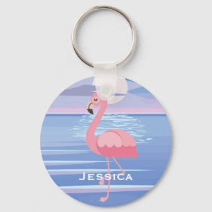 Porte-clés Flamant rose d'île tropicale personnalisée