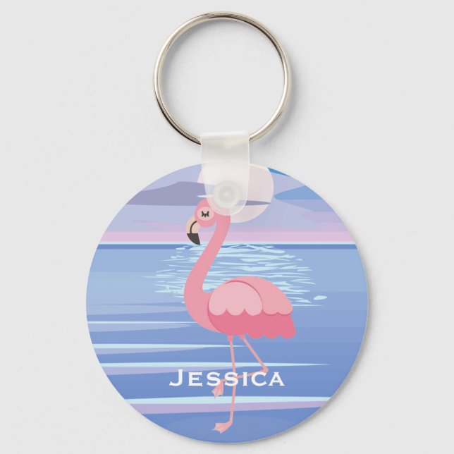 Porte-clés Flamant rose d'île tropicale personnalisée (Recto)