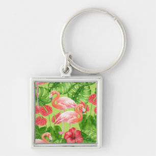 Porte-clés Flamant rose et plantes tropicaux