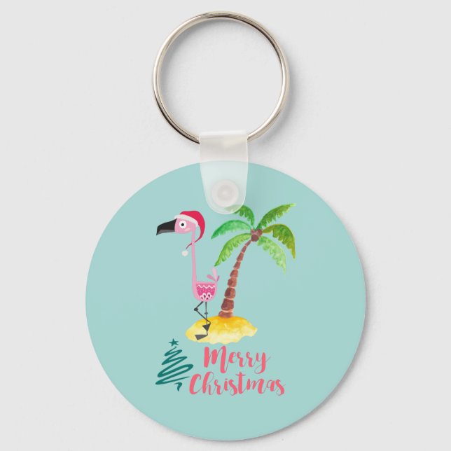 Porte-clés Flamant rose Rose Dans Un Chapeau De Père Noël Par (Recto)