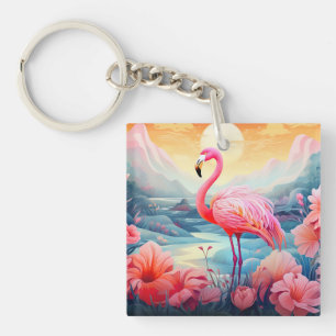 Porte-clés Flamant Tropical avec Fleurs