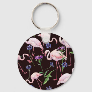 Porte-clés Flamants d'aquarelle et fleurs sauvages motif.