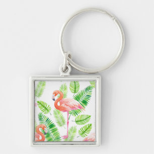 Porte-clés Flamants roses et feuilles tropicaux