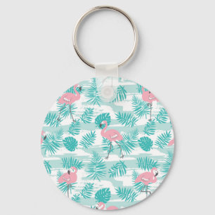 Porte-clés flamants roses, feuilles de palmiers verts, tropic