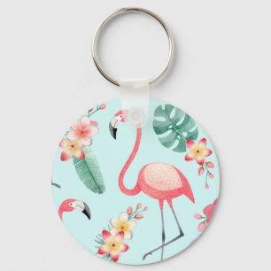Porte-clés Flamants roses Fleurs tropicales Motif aquarelle