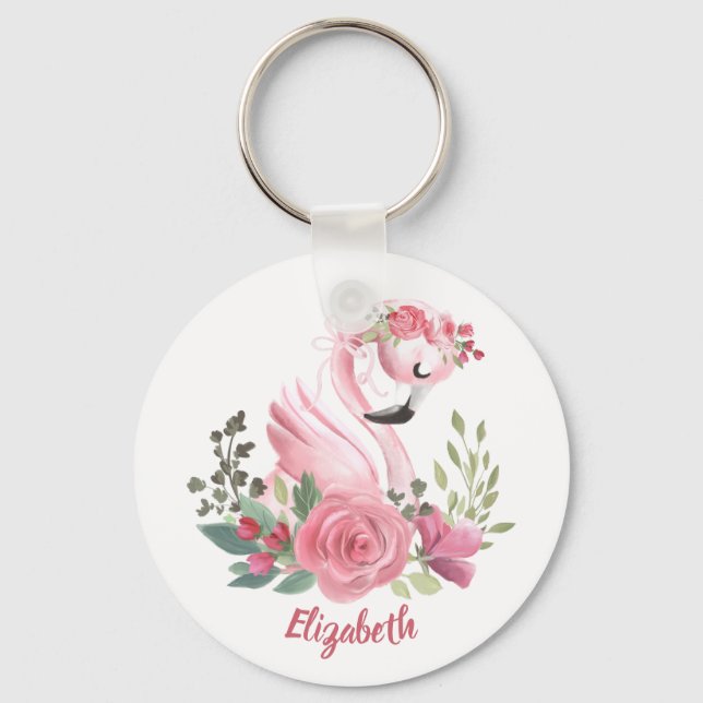 Porte-clés Flamingo Rose Floral Girly Nom (Recto)