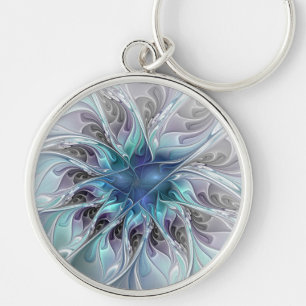 Porte-clés Fleur Abstraite Fractale Moderne Avec Bleu