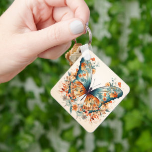 Porte-clés Fleur bohème papillon florale aquarelle prairie