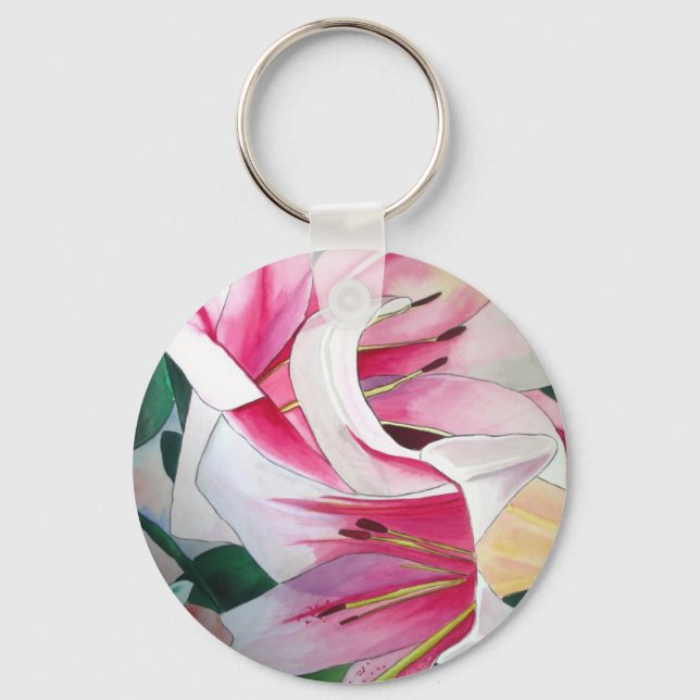 Porte-clés Fleur d'art aquarelle lis de jour blanc et rose (Recto)
