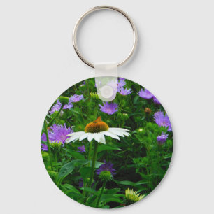 Porte-clés Fleur de cône blanc, fleurs pourpres et papillon