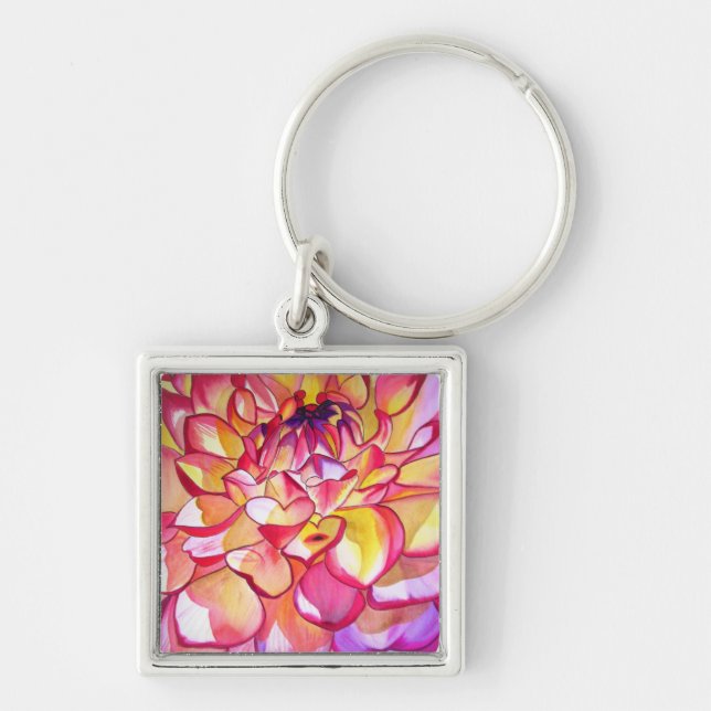 Porte-clés Fleur de Dahlia rose aquarelle beaux-arts (Devant)