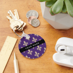 Porte-clés Fleur de Lis, Beige sur Violet, Royal, Votre Nom