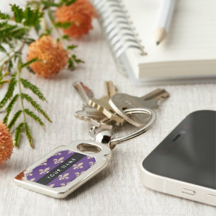 Porte-clés Fleur de Lis, Beige sur Violet, Royal, Votre Nom