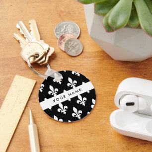 Porte-clés Fleur de Lis, Blanc sur Noir, Blanc, Votre Nom