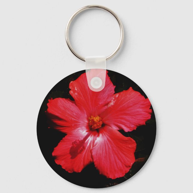 Porte-clés Fleur d'Hibiscus rouge rose chaud sur noir (Recto)