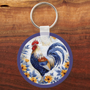 Porte-clés Fleur dorée Coq bleu Fermette