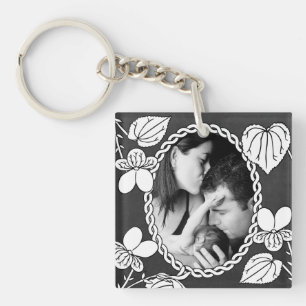 Porte-clés Fleur ovale noir et blanc Photo personnalisée
