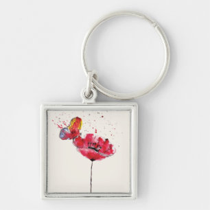 Porte-clés Fleur peinte stylisée de pavot d'aquarelle