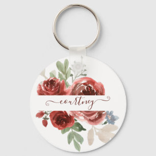 Porte-clés Fleur personnalisée aquarelle rouge foncé