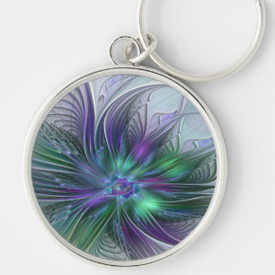 Porte-clés Fleur verte abstraite moderne fractale pourpre