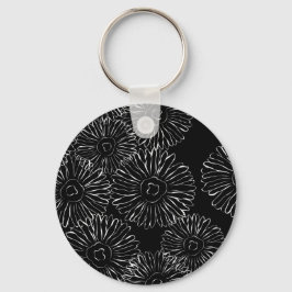 Porte-clés Fleurs abstraites de printemps noir et blanc