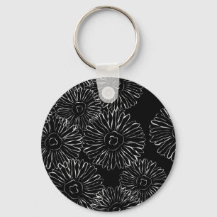 Porte-clés Fleurs abstraites de printemps noir et blanc