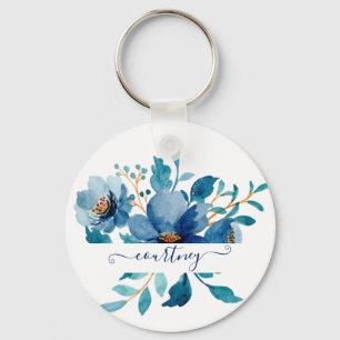 Porte-clés Fleurs aquarelles bleu clair personnalisées