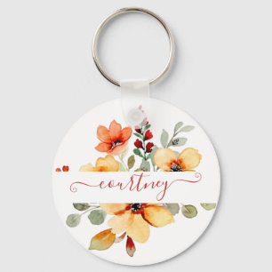 Porte-clés Fleurs aquarelles orange vif personnalisées