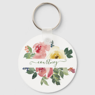 Porte-clés Fleurs aquarelles rose et jaune personnalisées