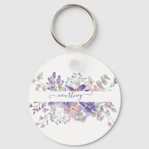 Porte-clés Fleurs aquarelles rose et violet personnalisées