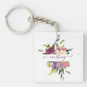 Porte-clés Fleurs aquarelles rouges et violettes personnalisé