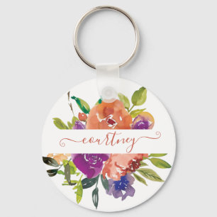 Porte-clés Fleurs aquarelles violettes et orange personnalisé