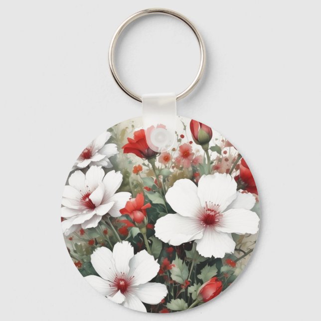 Porte-clés Fleurs blanches et rouges Elégante aquarelle (Recto)