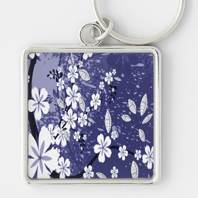 Porte-clés Fleurs blanches sur la grunge bleue (Devant)