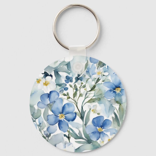 Porte-clés Fleurs Bleues Blancs Aquarelle Chic (Recto)