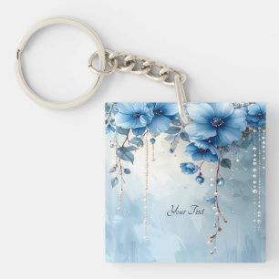 Porte-clés Fleurs Bleues et Perles