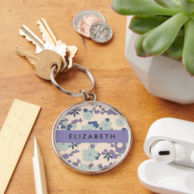 Porte-clés Fleurs Bleues, Fleurs Violettes, Floral, Votre Nom (Bureau)
