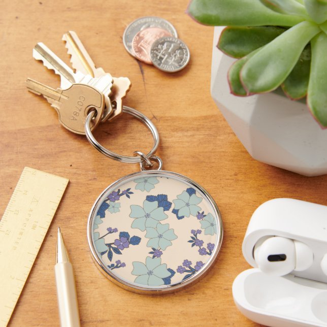 Porte-clés Fleurs Bleues, Fleurs Violettes, Motif Floral (Bureau)