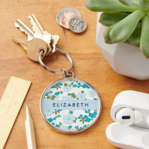 Porte-clés Fleurs Bleues, Motif De Fleurs, Votre Nom