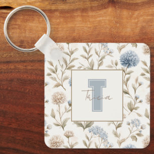 Porte-clés Fleurs Brunes Bleues Crème Monogramme Initial Nom