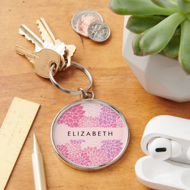 Porte-clés Fleurs Dahlia Roses, Motif De Fleurs, Votre Nom (Bureau)
