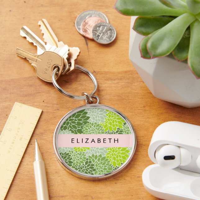 Porte-clés Fleurs Dahlia Vertes, Motif Floral, Votre Nom (Bureau)