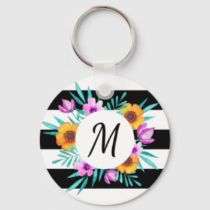 Porte-clés Fleurs d'aquarelle féminine Monogramme personnalis