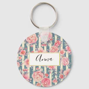 Porte-clés Fleurs d'aquarelle rose sur bandes