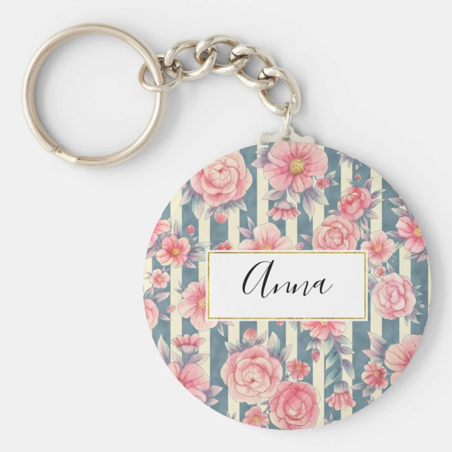 Porte-clés Fleurs d'aquarelle rose sur bandes (Devant)