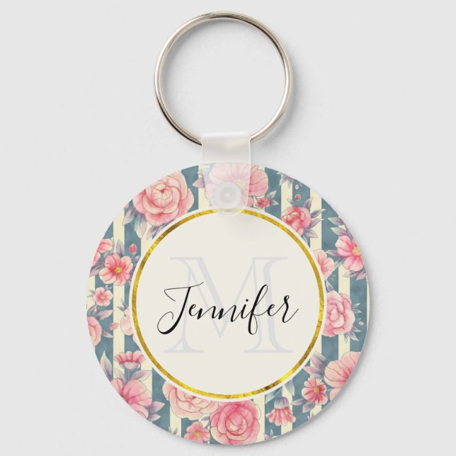 Porte-clés Fleurs d'aquarelle rose sur bandes Monogramme (Recto)