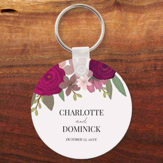 Porte-clés Fleurs de jardin burgundy pour mariage  (Recto)