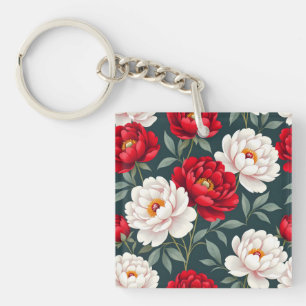 Porte-clés Fleurs de pivoine rouges et blanches