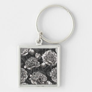 Porte-clés Fleurs de pivoines blanches sur gris foncé